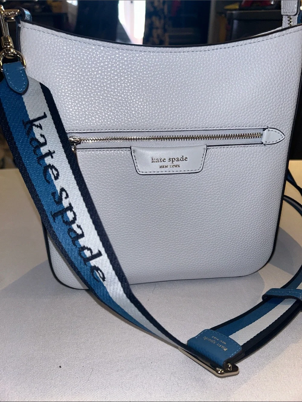 Kate Spade Blue two-toned Leather Crossbody Messenger Bag with Branded Strap